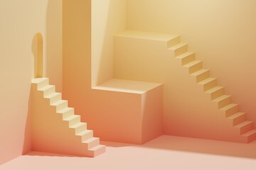 Minimalistic abstract staircase and cube podium beige gradient background 3d illustration