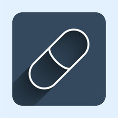 White line Sleeping pill icon isolated with long shadow background. Blue square button. Vector