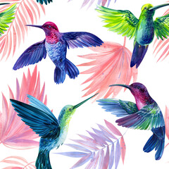 hummingbird and palm leaves. Seamless pattern with tropical flowers and birds. Trendy floral print © Hanna