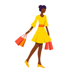 Drawing of girl with bags in yellow dress, fashionable girl going shopping, business woman in store, girl on sale in store. Isolated on white background. Vector illustration