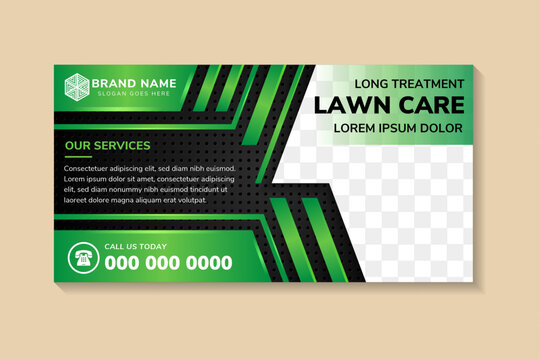 lawn care and gardening service using green gradient color. brochure template design with horizontal layout. dot pattern on dark grey background. space for photo collage and text.