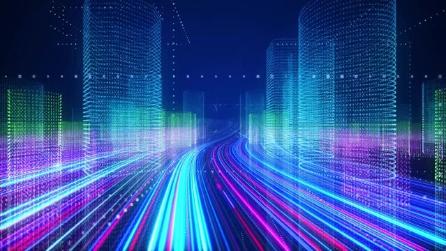 Bands of light running through a cyber city. Road to the future.