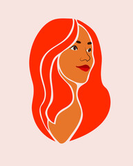 Drawing portrait of a girl with red hair, girl's face looking away, art for frame paintings, cosmetics, fashion, posters, woman with red lips and a slight smile. Vector illustration