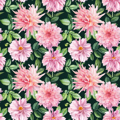 Delicate pink flowers. Seamless pattern with dahlia. watercolor floral print