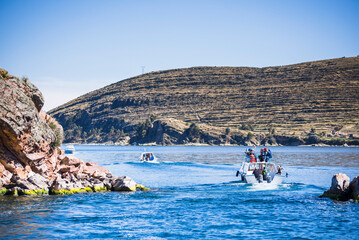 Lake Titicaca ferry boat trip to Isla del Sol (Island of the Sun) from Copacabana, Bolivia, South...