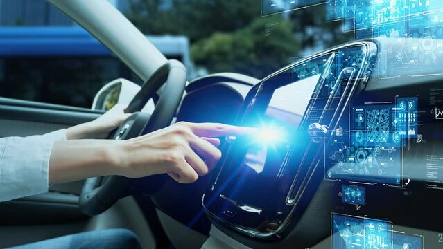 Interior of autonomous car. Driverless vehicle. Driving assist system. HUD (Heads up display).