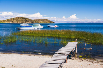 Pier on Lake Titicaca at Challapampa village, Isla del Sol (Island of the Sun), Bolivia, South America