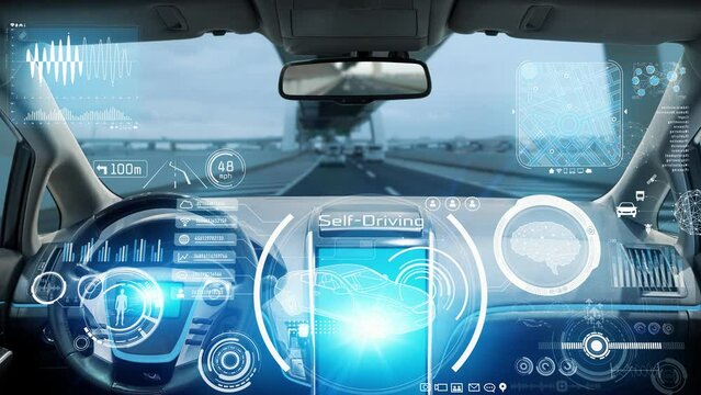 Interior of autonomous car. Driverless vehicle. Driving assist system. HUD (Heads up display).