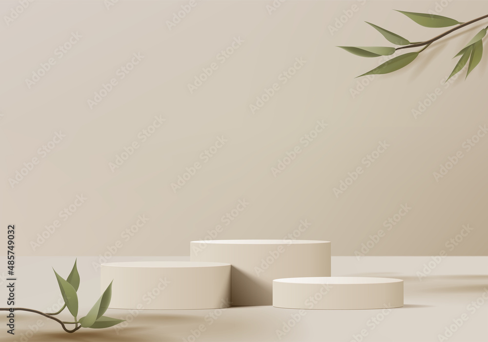 Wall mural 3d background products display podium scene with palm leaf geometric platform. background vector 3d 