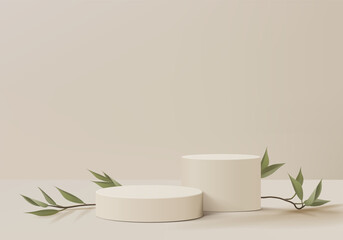 3d background products display podium scene with palm leaf geometric platform. background vector 3d render with podium. stand to show cosmetic products. Stage showcase on pedestal display biege studio