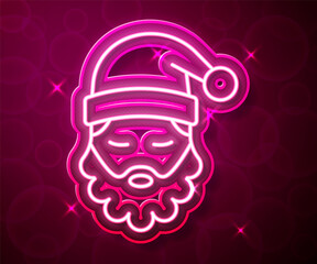 Glowing neon line Santa Claus hat and beard icon isolated on red background. Merry Christmas and Happy New Year. Vector