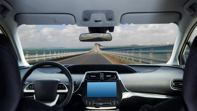 Interior of autonomous car. Driverless vehicle. Driving assist system.