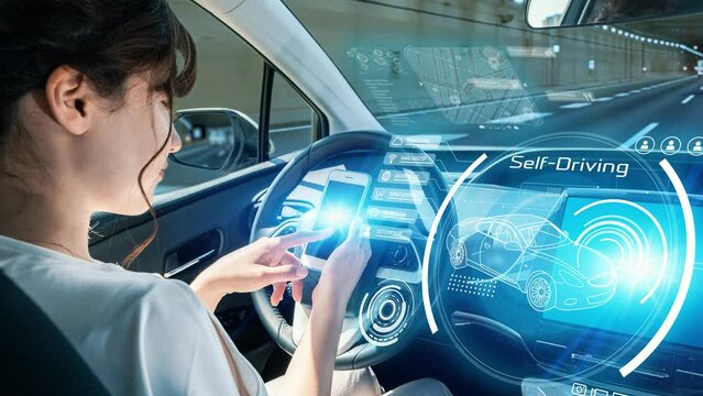 Interior of autonomous car. Driverless vehicle. Driving assist system. HUD (Heads up display).