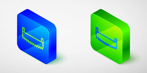 Isometric line Two-handed saw icon isolated on grey background. Blue and green square button. Vector