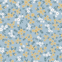 Fototapeta na wymiar Seamless vintage pattern. Small yellow and white flowers. blue leaves. Light blue background. vector texture. fashionable print for textiles, wallpaper and packaging.