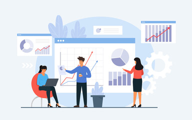 Data analysis concept. People characters analyzing tables, charts and graphs at business dashboard. Vector Illustration.