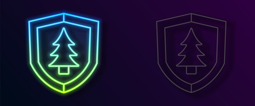 Glowing neon line Shield with tree icon isolated on black background. Eco-friendly security shield with tree. Vector