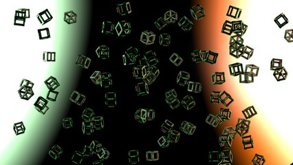 Green illuminated black metallic cube under orange-green lighting background. Block chain network technology concept illustration. 3D illustration. 3D CG. 3D high quality rendering. 