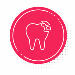 White line Broken tooth icon isolated on white background. Dental problem icon. Dental care symbol. Red circle button. Vector