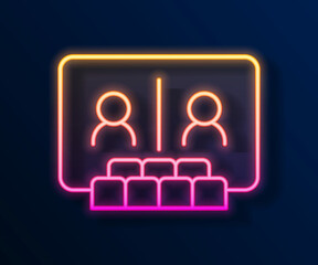 Glowing neon line Video chat conference icon isolated on black background. Online meeting work form home. Remote project management. Vector