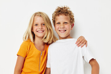 funny children hug friendship boy and girl together