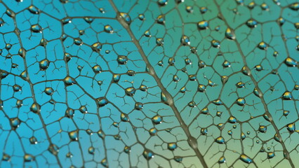gouttes de pluie sur feuille de Pipal décomposée. (Figuiers des Pagodes ou Ficus Religiosa)