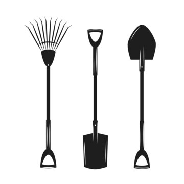 Garden tools. Set of agricultural tools for the garden and vegetable garden: rakes and shovels. Black and white vector illustration