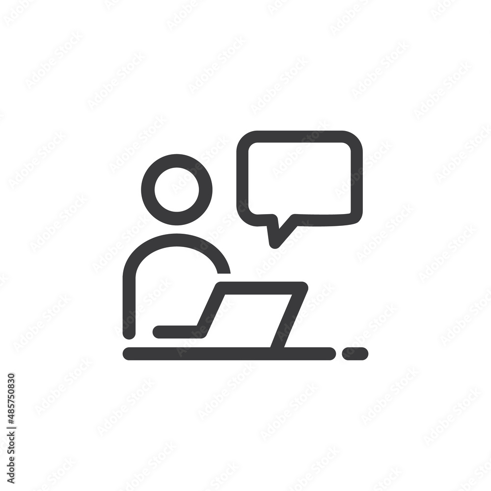 Poster a man on a computer and a speech bubble, vector.