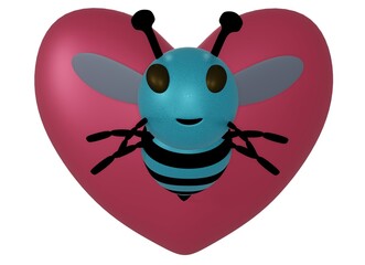 Blue Bee and Heart and white background
