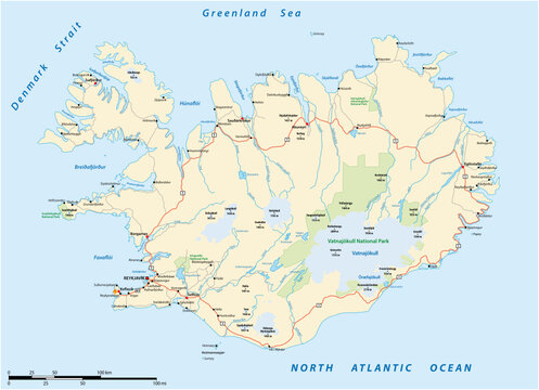 roads and national parks map of the european island nation of iceland