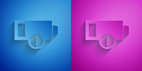 Paper cut Battery charge level indicator icon isolated on blue and purple background. Paper art style. Vector