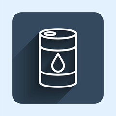 White line Barrel oil icon isolated with long shadow background. Blue square button. Vector