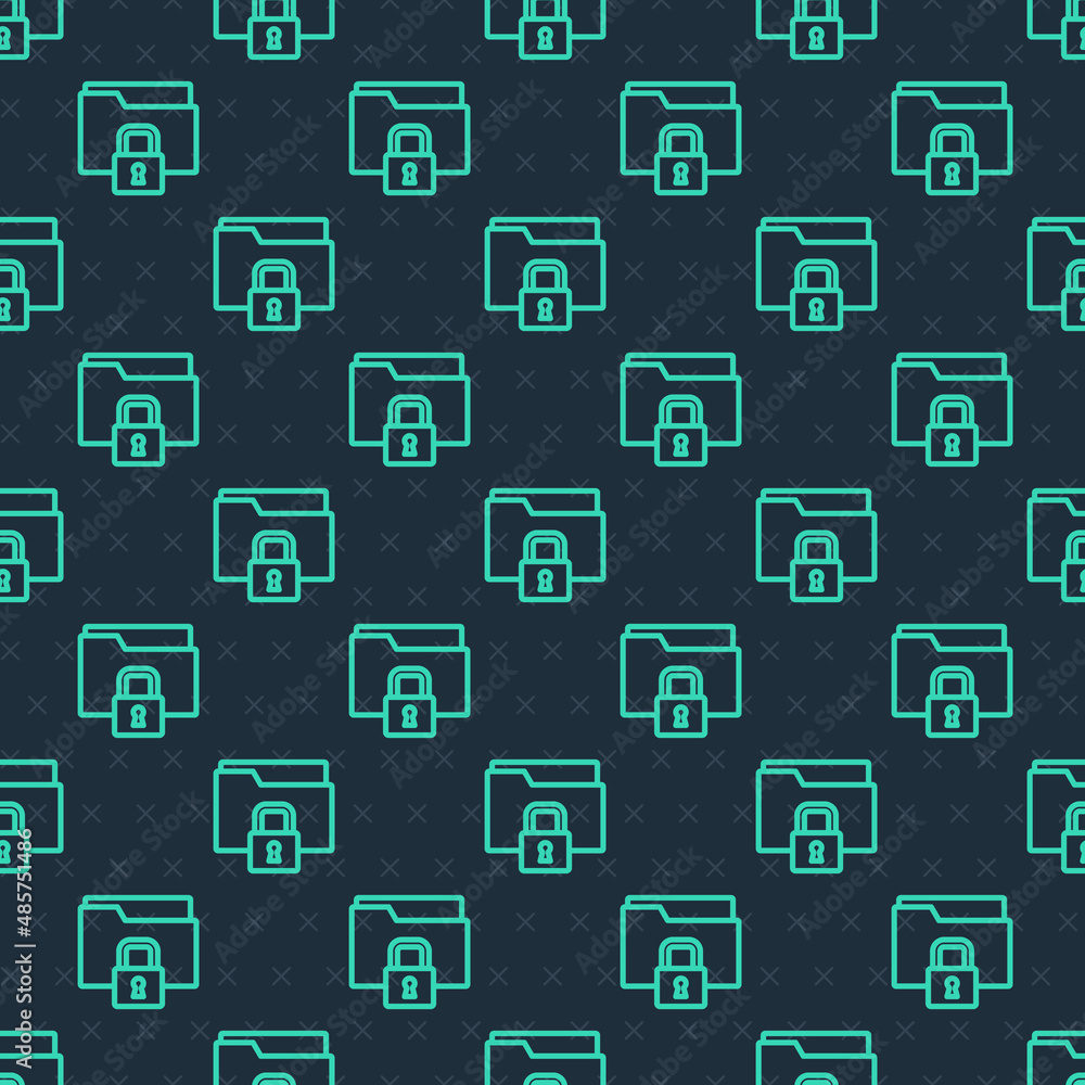 Aufkleber green line folder and lock icon isolated seamless pattern on blue background. closed folder and padl