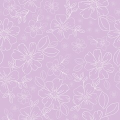 Seamless vintage pattern. White outline of flowers and leaves. Light lilac background. vector texture. fashionable print for textiles, wallpaper and packaging.