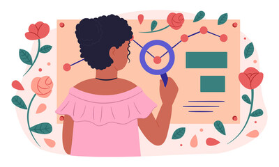 The girl searches for information. Self improvement. Improving the quality of life. Woman with magnifying glass. Self care. Vector flat illustration.