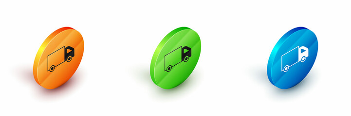 Isometric Delivery cargo truck vehicle icon isolated on white background. Circle button. Vector