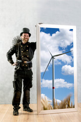 Schornsteinfeger in Arbeitskleidung, stehend vor Betonwand , hält großes Bild mit  Windkrad, Symbol Wandel der Energieerzeugung.