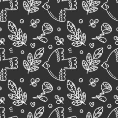 Cute vector seamless pattern with birds and plants on black background