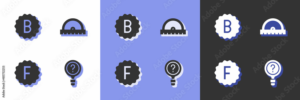 Aufkleber set unknown search, exam paper with incorrect answers, and protractor grid icon. vector