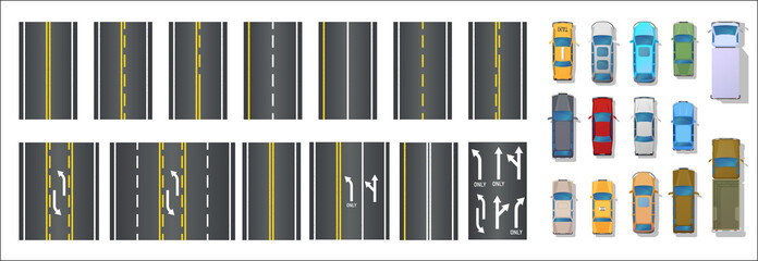 Road elements and Cars top view. City transport set with white and yellow markings for design of map, highway, plan. Vehicle transport icon. Street with path and crossroad. Road seamless constructor