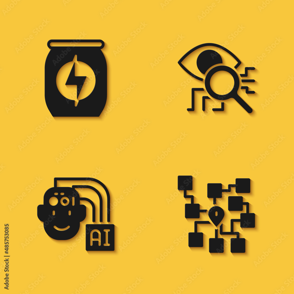 Poster set energy drink, neural network, humanoid robot and eye scan icon with long shadow. vector