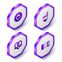 Set Isometric Bottle opener, Oktoberfest man, Pretzel and Accordion icon. Purple hexagon button. Vector