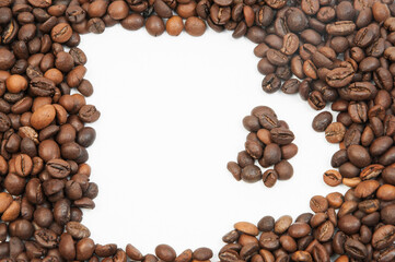 cup silhouette made from coffee beans. coffee drinking concept. a cup of coffee on a white background. coffee processing industry illustration