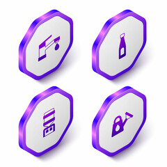 Set Isometric Water tap, Bottle of water, cooler and Watering can icon. Purple hexagon button. Vector