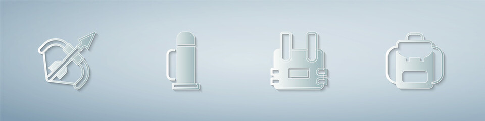 Set Medieval bow and arrow, Thermos container, Bulletproof vest and Hiking backpack. Paper art style. Vector