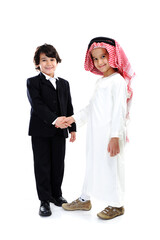Arabic and caucasian little businessmen hand shaking