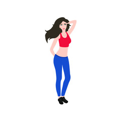 Vector illustration of a beautiful young girl in jeans and a top with lush brown hair posing for a photo shoot. Photo session. 