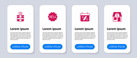 Set Market store, Discount percent tag, Price with New and Gift box. Business infographic template. Vector