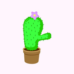 Green cactus with a pink flower in a pot. Vector Illustration