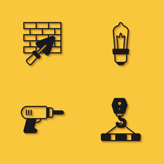 Set Brick wall with trowel, Crane hook, Electric drill machine and Light bulb icon with long shadow. Vector